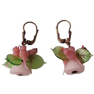 Czech Pink Glass Bird, Leaves Leverback Earrings E78